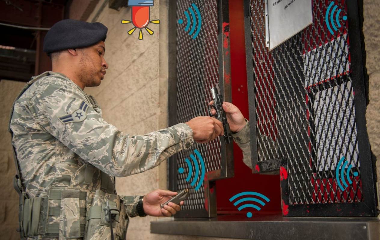 Weapon Tracker Issue Return Window With RFID Antennas and Fixed Reader and Audio Visual Alarm